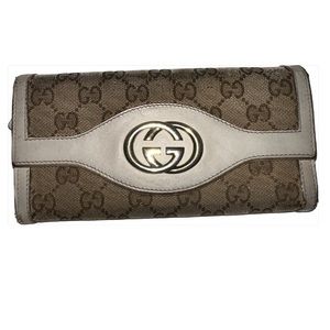 Gucci Sukey Long bifold Wallet Interlocking GG Beige Canvas Leather w/zip pocket